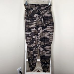 Express small extreme high rise camo paperbag waist linen blend moto pants
